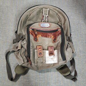 Cloe Sport Canvas Military Backpack Faux Leather Trim Travel Bag